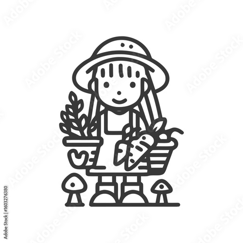 Charming Monochrome Line Art Gardener with Freshly Harvested Produce and Potted Plant