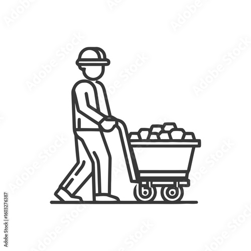 Stylized Line Art Icon of Miner Pushing Heavy Ore Cart, Industrial Labor Concept