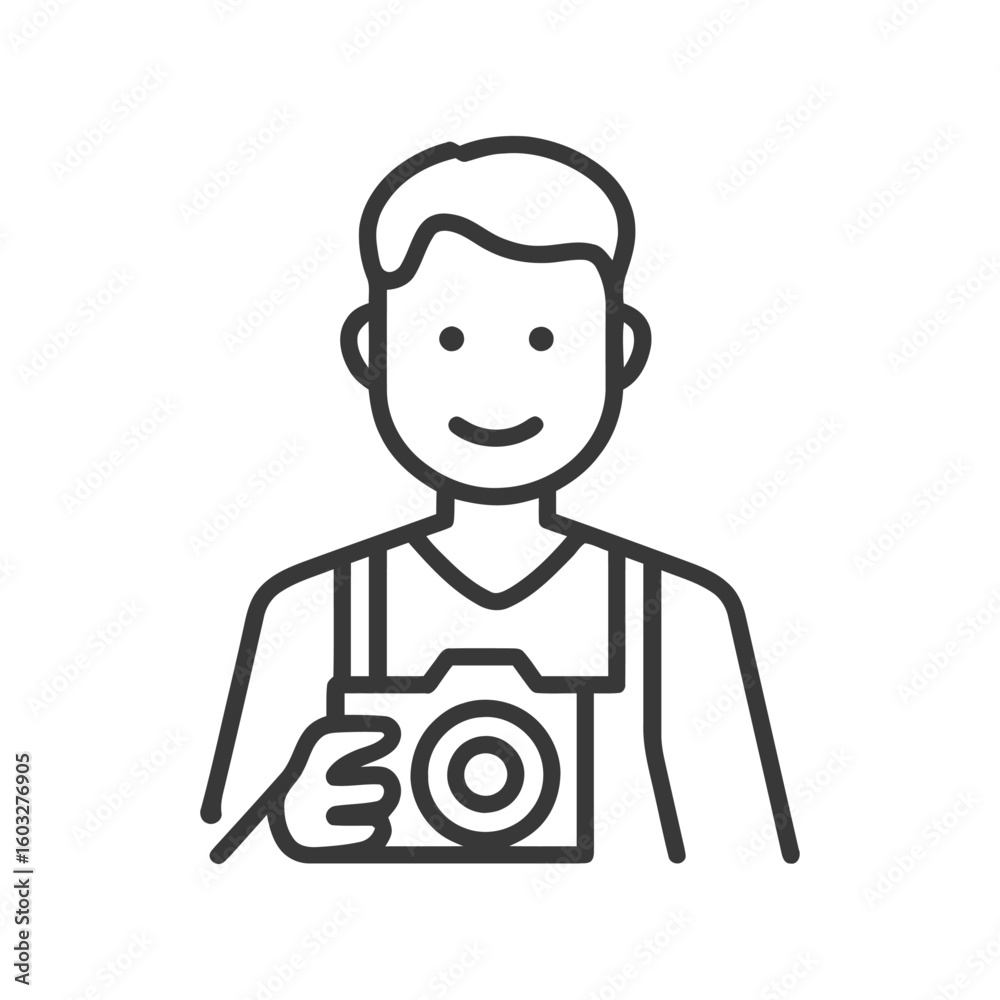 Clean Line Art Icon of Smiling Person Holding Camera, Representing Photography Hobby or Profession Clean Line Art Icon of Smiling Person Holding Camera, Representing Photography Hobby or Profession