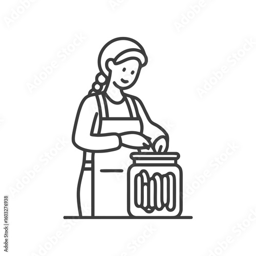 Smiling Woman Canning Food in Jar Line Art Icon, Home Preservation Activity