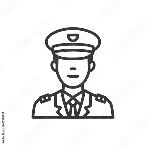 Clean Line Art Icon of Professional Pilot or Captain in Uniform with Hat and Epaulets, Minimalist Vector Design