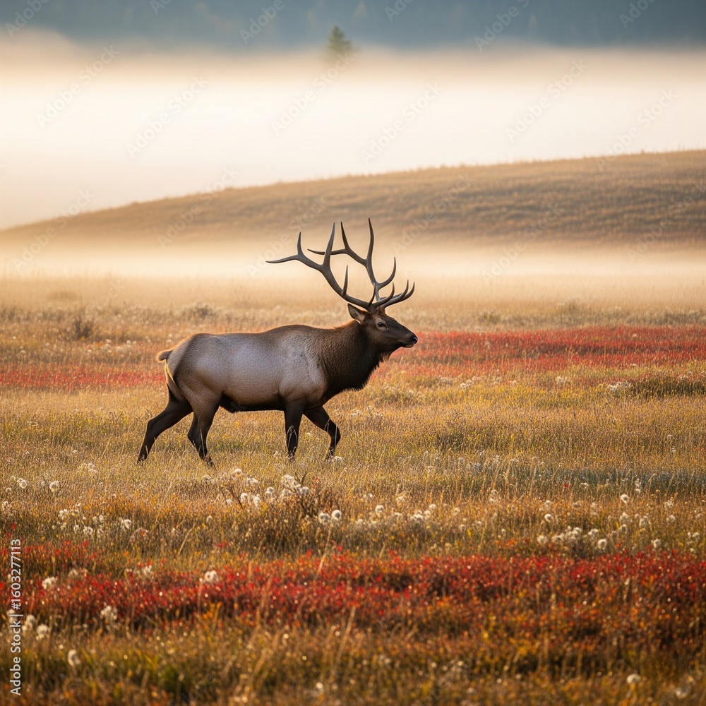 Fototapeta premium Wild Elk Roaming Autumn Meadow at Dawn
