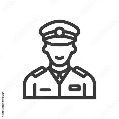 Smiling Pilot Icon: Minimalist Line Art of Uniformed Captain with Peaked Cap and Epaulets, Professional Service