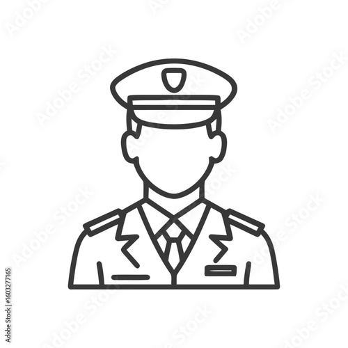 Clean Line Art Icon of a Uniformed Officer or Pilot with Peaked Cap and Epaulets