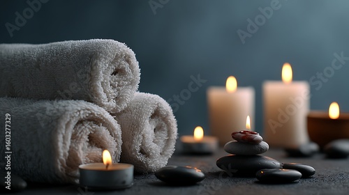 Spa with candles, white towels, and hot stones Zen aesthetic, relaxing and balanced composition, shot