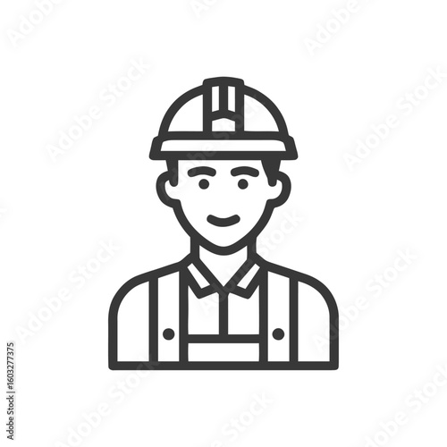 Smiling Male Construction Worker Icon in Minimalist Line Art Style