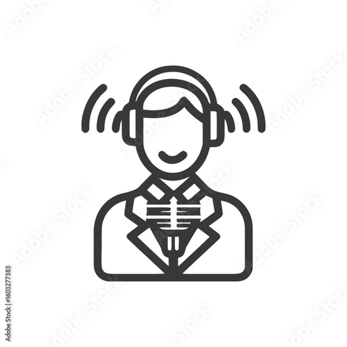 Smiling Person with Headphones and Microphone Line Icon for Podcast or Broadcast