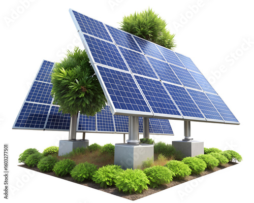 solar panels and green grass isolated on white background. PNG Transparent file type with high definition quality And vibrant color grading Available.