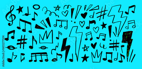 Doodle music notes vector illustration background with hand drawn musical symbols and lightning bolt design art 100