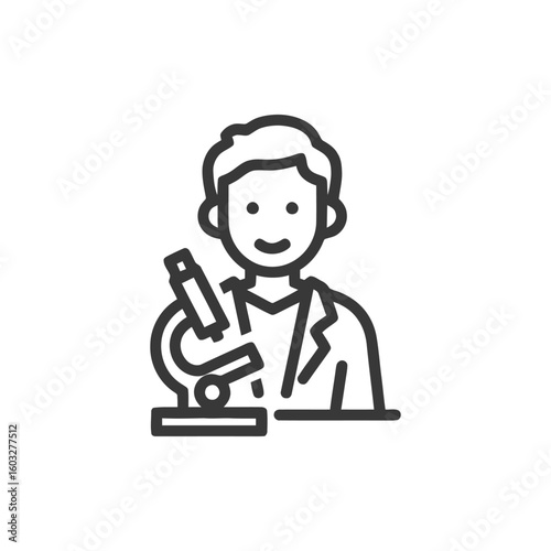 Smiling Scientist with Microscope Line Icon for Research and Education