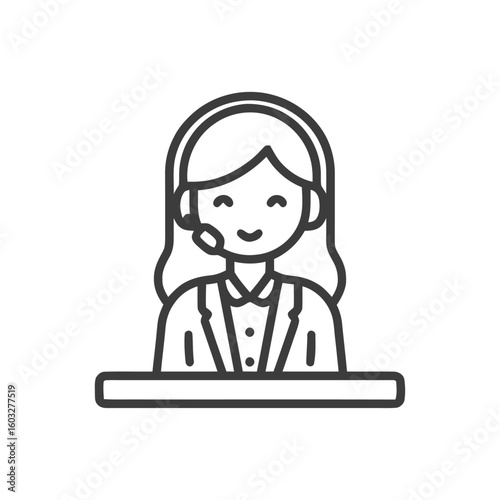 Clean Line Art Icon of a Friendly Female Customer Support Agent with Headset