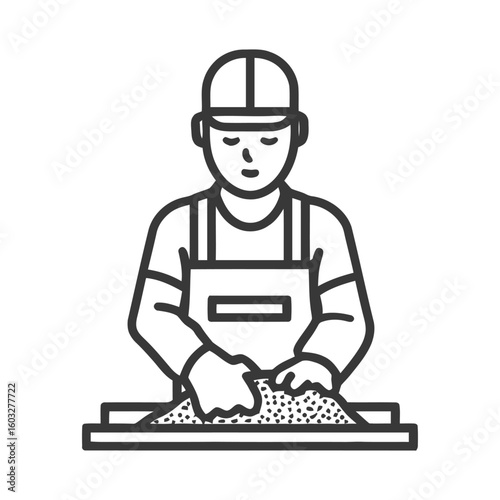 Minimalist Line Art Icon of Worker Processing Granular Material on a Flat Surface