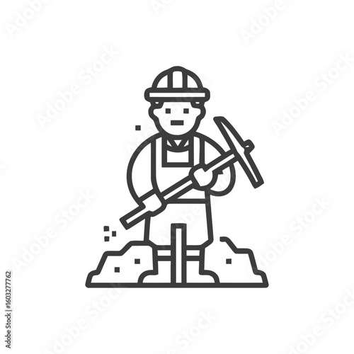 Clean Line Art Icon of a Miner with Pickaxe and Hard Hat, Depicting Digging and Industrial Work