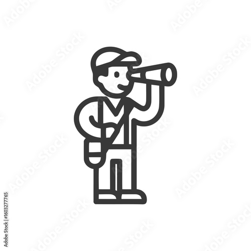 Minimalist Line Icon of Person Looking Through Monocular, Observing and Exploring