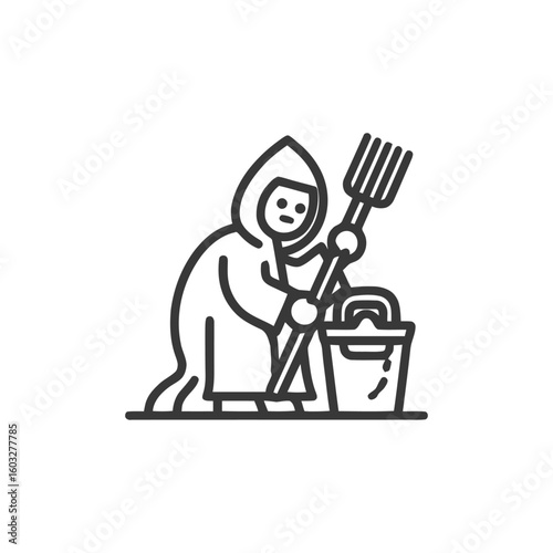 Minimalist Line Art Icon: Hooded Figure with Pitchfork and Bucket for Farming or Cleaning