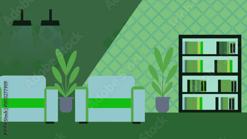 Green interior design living room furniture armchair bookshelf plant lamp home decor illustration art