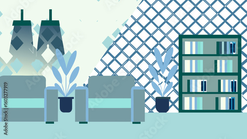 Interior design living room furniture home decor armchair bookshelf plant modern illustration vector graphic art