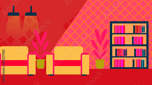 Living room interior design with armchairs bookcase and plants home decor furniture and interior illustration art