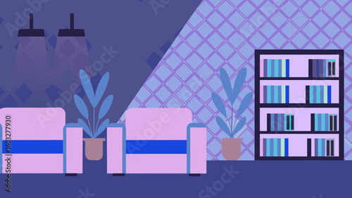 Illustration of living room interior design with furniture armchairs bookcase and plants home decor