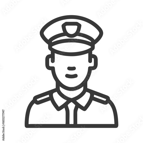 Clean Line Art Icon of a Male Police Officer or Security Guard in Uniform, User Avatar