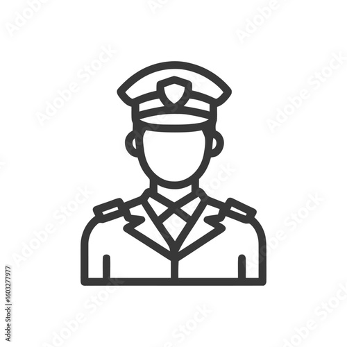 Minimalist Line Art Icon of a Uniformed Officer with Peaked Cap and Badge