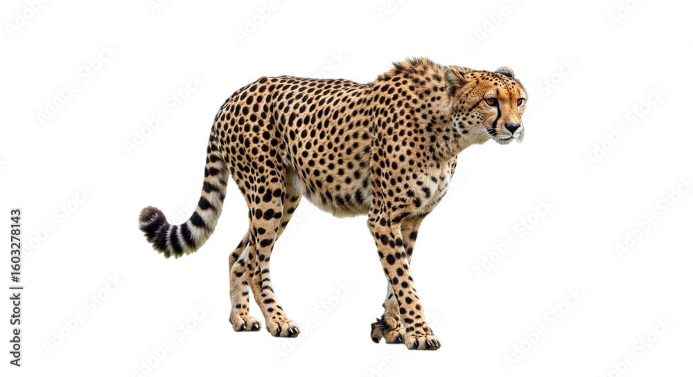 Obraz premium Cheetah in alert standing position with detailed spotted fur perfect for animal branding wildlife study fast predator concept or nature education visuals
