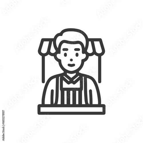 Minimalist Line Art Icon: Male Vendor Behind Market Stall with Awning, Representing Commerce