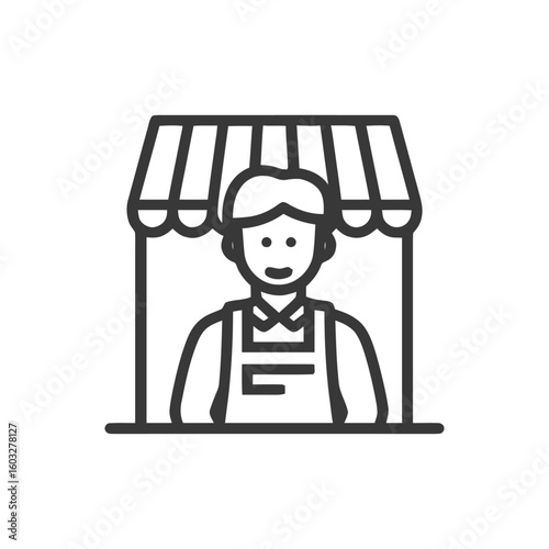 Monochrome Line Icon of Smiling Vendor in Apron Under Striped Awning, Market Stall Concept