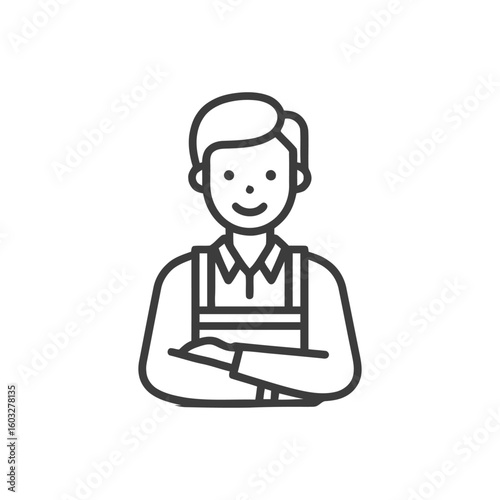 Friendly Male Worker Icon in Apron with Crossed Arms, Minimalist Line Art Design
