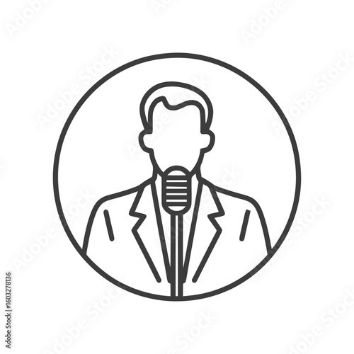 Professional Male Speaker Icon with Microphone in Circle - Line Art for Broadcast & Podcast
