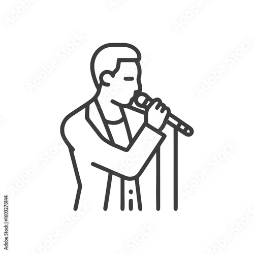 Minimalist Line Art Icon of Male Performer Singing into Microphone on Stage