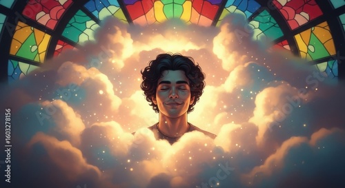 Young caucasian male dreaming amidst clouds and stained glass light