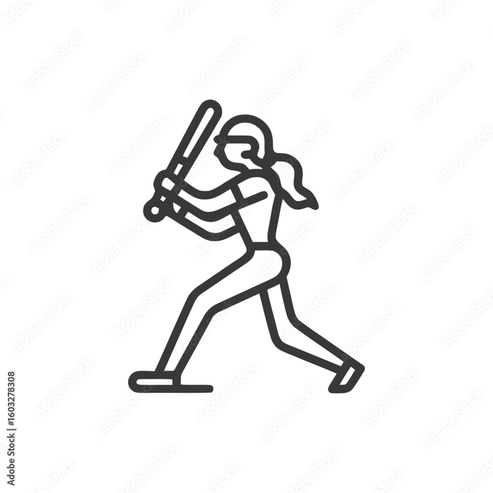 Dynamic Monochrome Line Art Icon of Female Baseball Player in Powerful Batting Stance, Ready to Hit Dynamic Monochrome Line Art Icon of Female Baseball Player in Powerful Batting Stance, Ready to Hit
