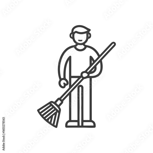 Minimalist Line Art Icon of Person Holding Broom, Symbolizing Cleaning and Maintenance Tasks
