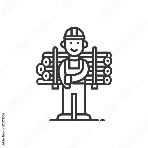 Professional Logger with Safety Helmet Carrying Wood, Line Art Illustration