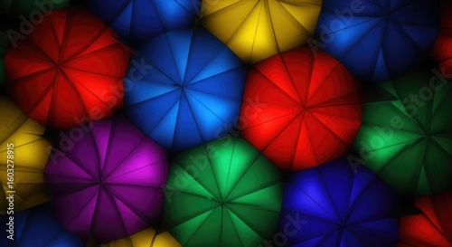 Colorful overlapping umbrellas creating vibrant abstract pattern