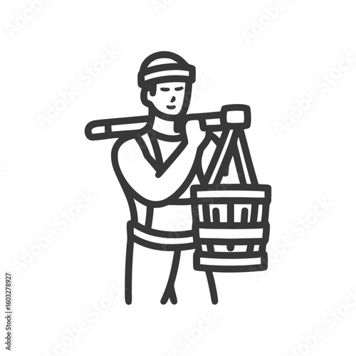 Bold Monoline Icon of a Traditional Worker Carrying a Bucket on a Shoulder Pole