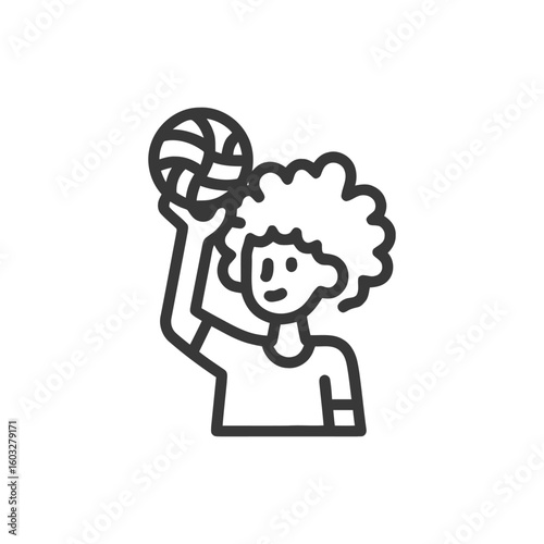 Minimalist line icon of a curly-haired person holding a volleyball, ready to play.