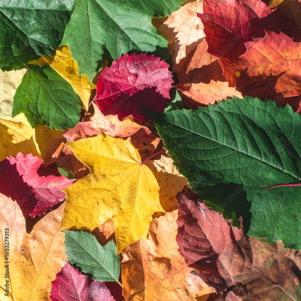 Obraz premium Pile of Multicolored Autumn Leaves with Shades of Red Yellow and Green Background