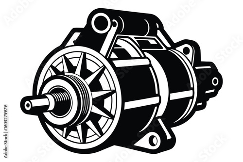 Black and White Illustration of a Car Starter Motor with Details Showing Components