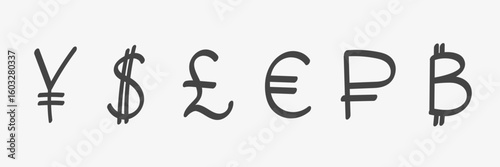 International currency symbols hand drawn. Includes yen, dollar, pound, euro, ruble, and bitcoin signs. Vector 
