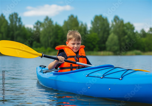 Boy Kayaking on a river, kayaking lesson and summer fun concept