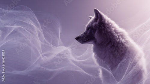 Mystical wolf portrait with ethereal smoke against soft purple background