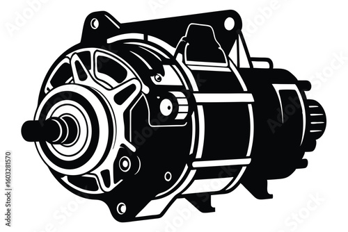 Detailed Silhouette Illustration of an Automotive Alternator, Car Part CloseUp Depiction