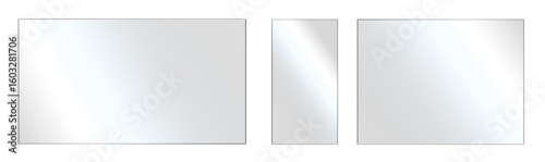 Glossy reflective mirror panels with metallic glare effect. Shiny gradient glass textures, transparent plastic display panel. Ideal for UI design, product display, or tech mockups. Transparent PNG Set