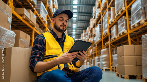 A delivery driver sitting in the van, using a tablet while preparing to deliver cargo for a customer. The driver is wearing a yellow vest and a black cap.