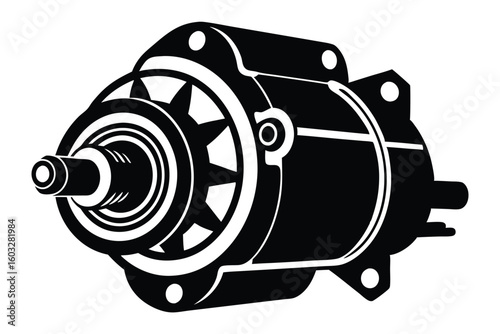 Black and White Illustration of a Car Starter Motor Component Design