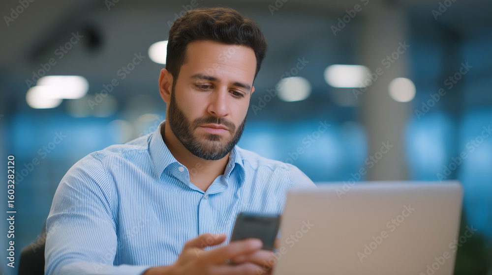 Fototapeta premium Young Latin Businessman Taking a Break at His Modern Office Desk