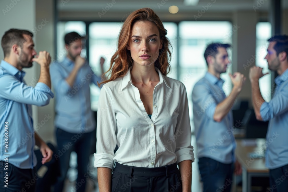 Naklejka premium Empowered Woman Standing Strong in Office Space Amidst Harassment