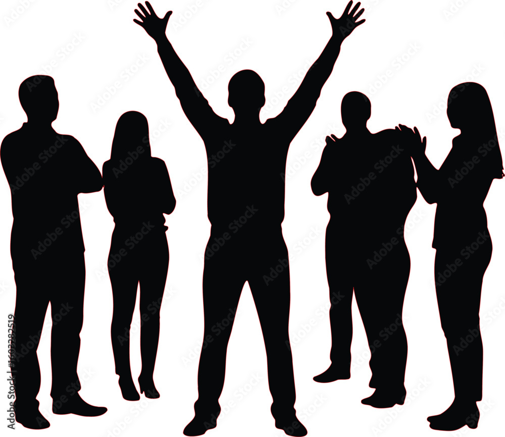 Fototapeta premium Silhouette of a group of people with one person raising their arms in celebration and excitement pose